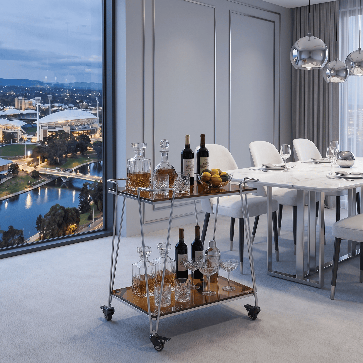 he Neutral Bay glass trolley in apartment — contemporary bar cart Australia