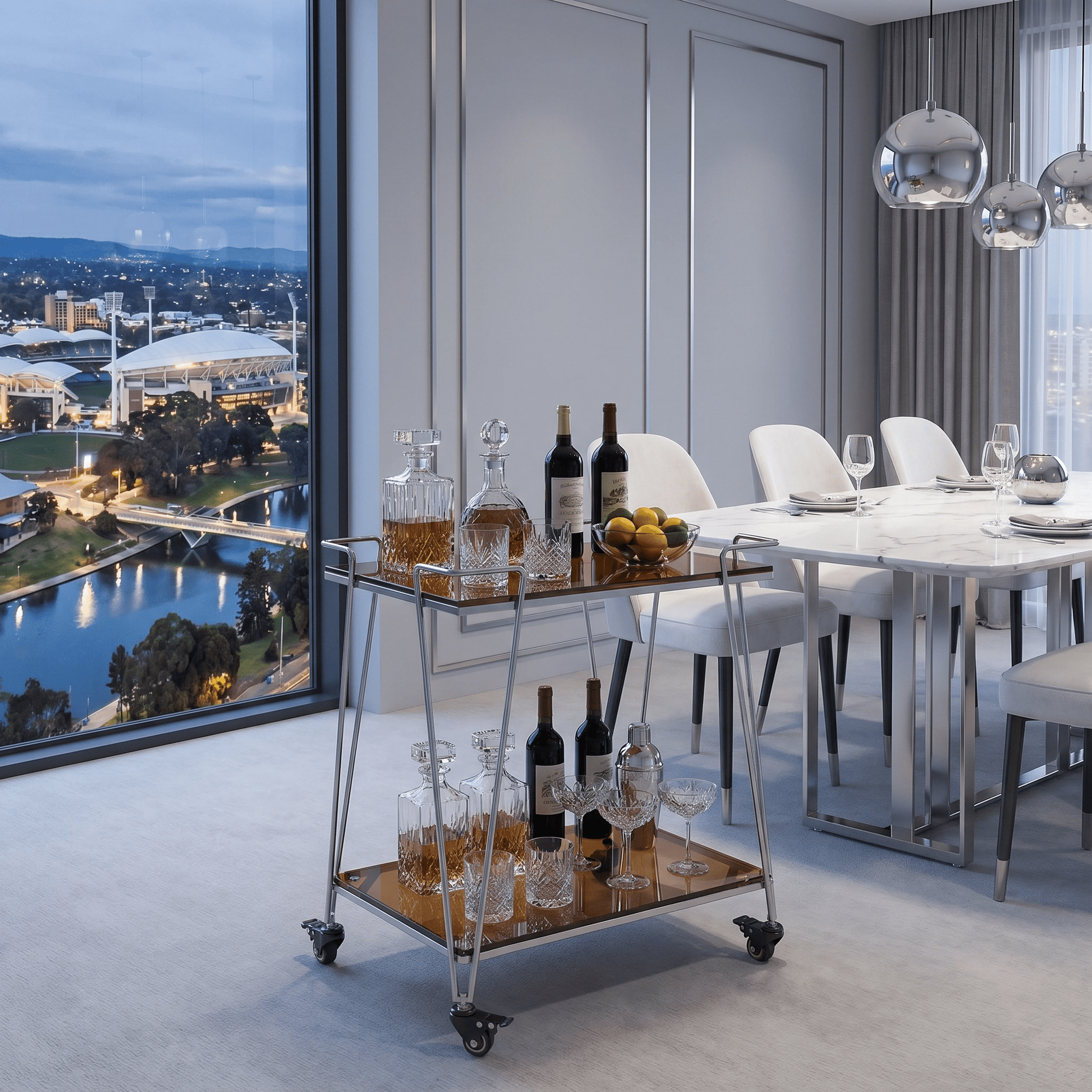 he Neutral Bay glass trolley in apartment — contemporary bar cart Australia