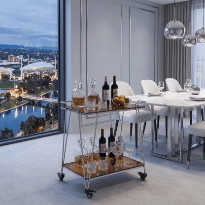 he Neutral Bay glass trolley in apartment — contemporary bar cart Australia