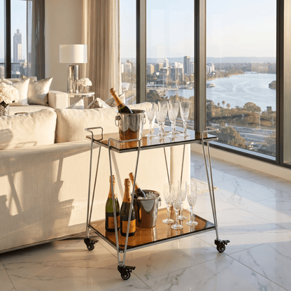 The Neutral Bay glass bar cart with drinks display — two-tier gold glass trolley