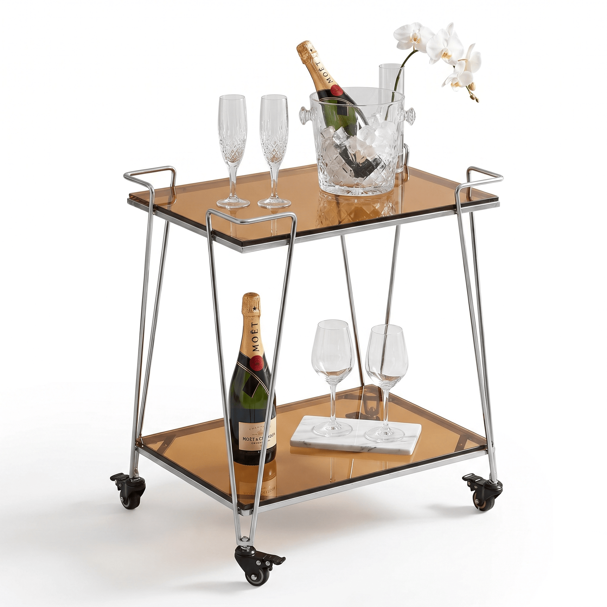 The Neutral Bay Two-Tier Glass Bar Cart by Royal Bar Carts showcasing silver frame and brown glass accents in a contemporary setting