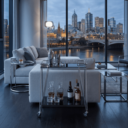 The Neutral Bay two-tier glass bar cart — Silver frame with glass black glass shelves, bar trolley Australia