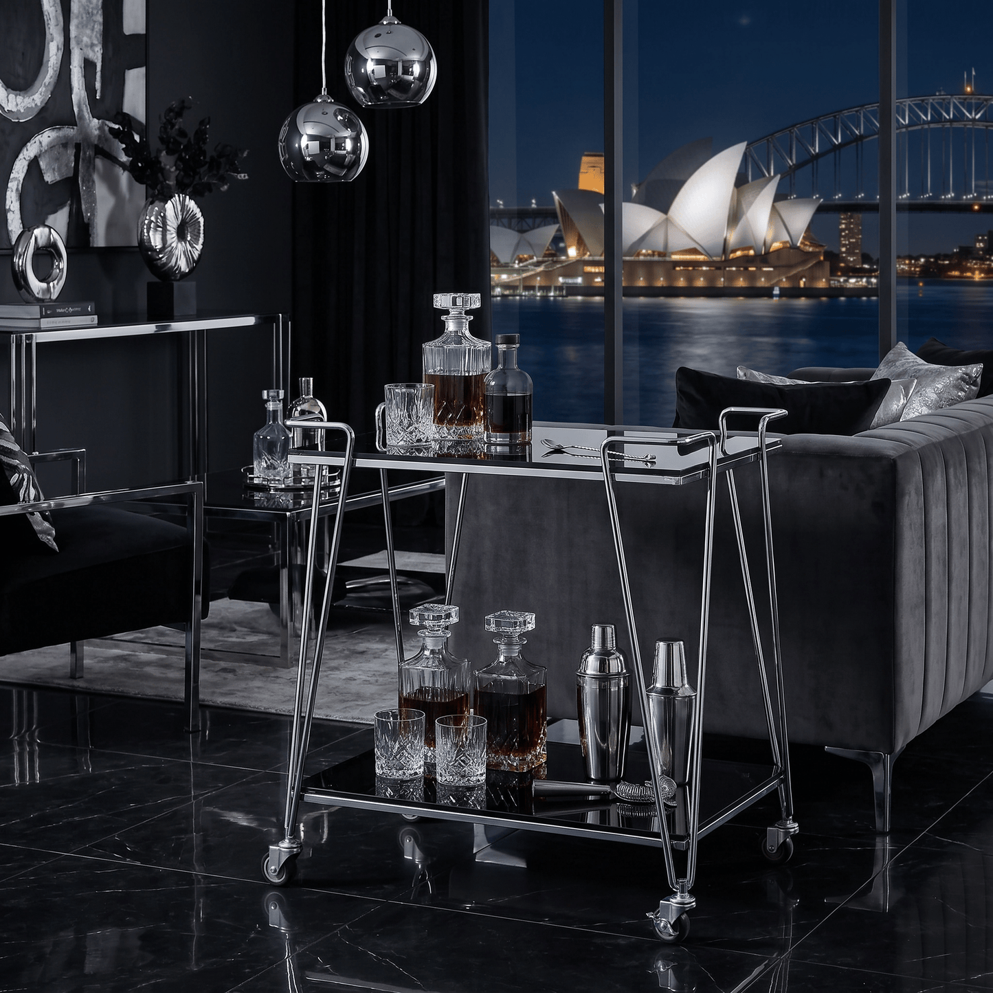 The Neutral Bay two-tier glass bar cart — Silver frame with glass black glass shelves, bar trolley Australia