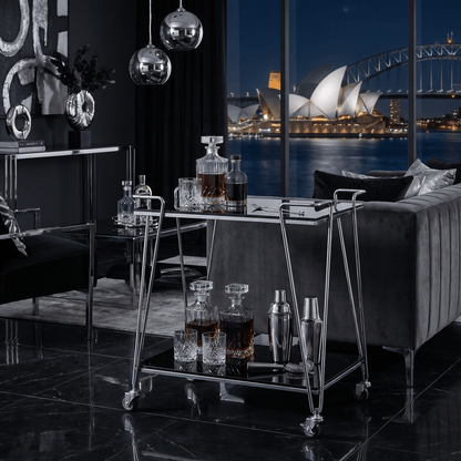 The Neutral Bay two-tier glass bar cart — Silver frame with glass black glass shelves, bar trolley Australia