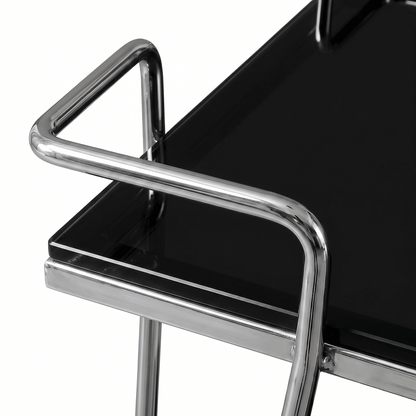 Close-up of the Neutral Bay Two-Tier Glass Bar Cart showcasing its sleek Silver frame and stylish contemporary design details.