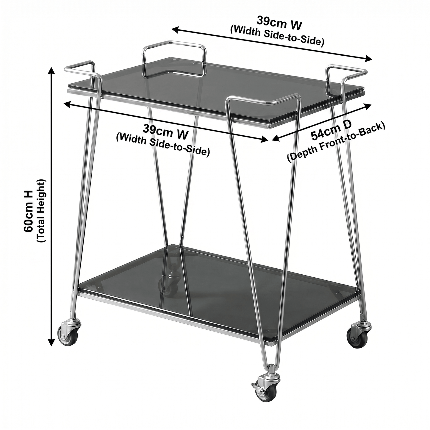 The Neutral Bay glass bar cart with drinks display — two-tier black glass trolley