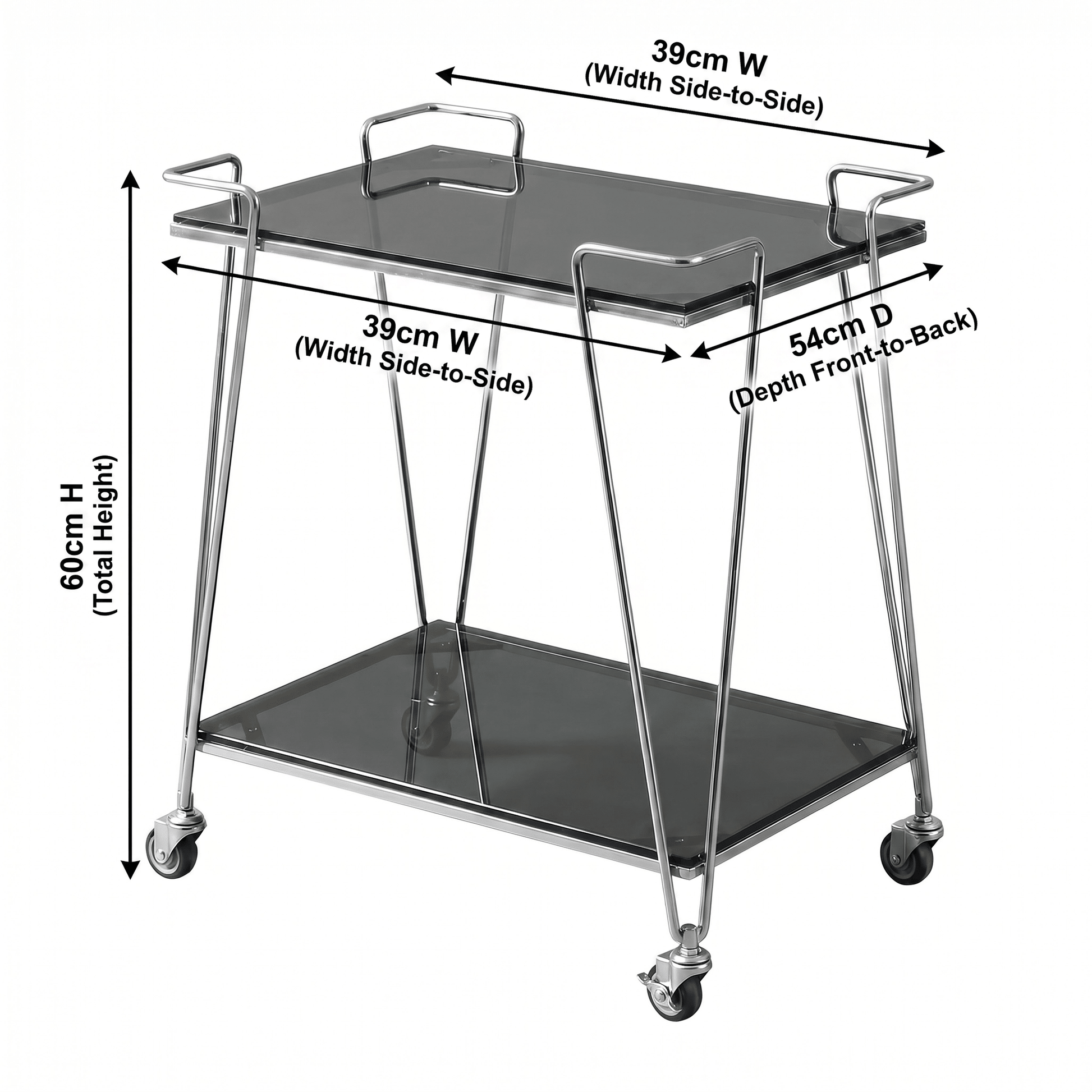 The Neutral Bay glass bar cart with drinks display — two-tier black glass trolley