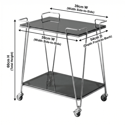 The Neutral Bay glass bar cart with drinks display — two-tier black glass trolley