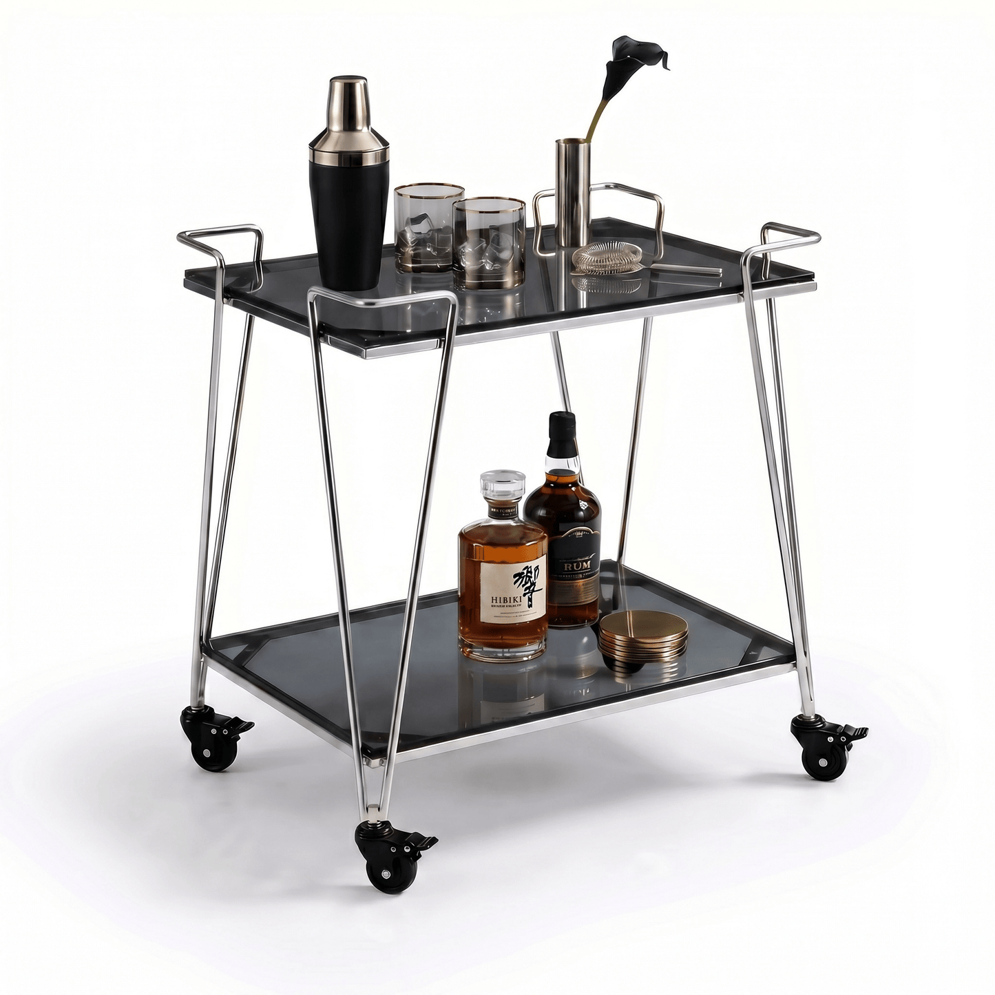 The Neutral Bay Two-Tier Glass Bar Cart by Royal Bar Carts showcasing Silver frame and stylish Black Glass in modern setting