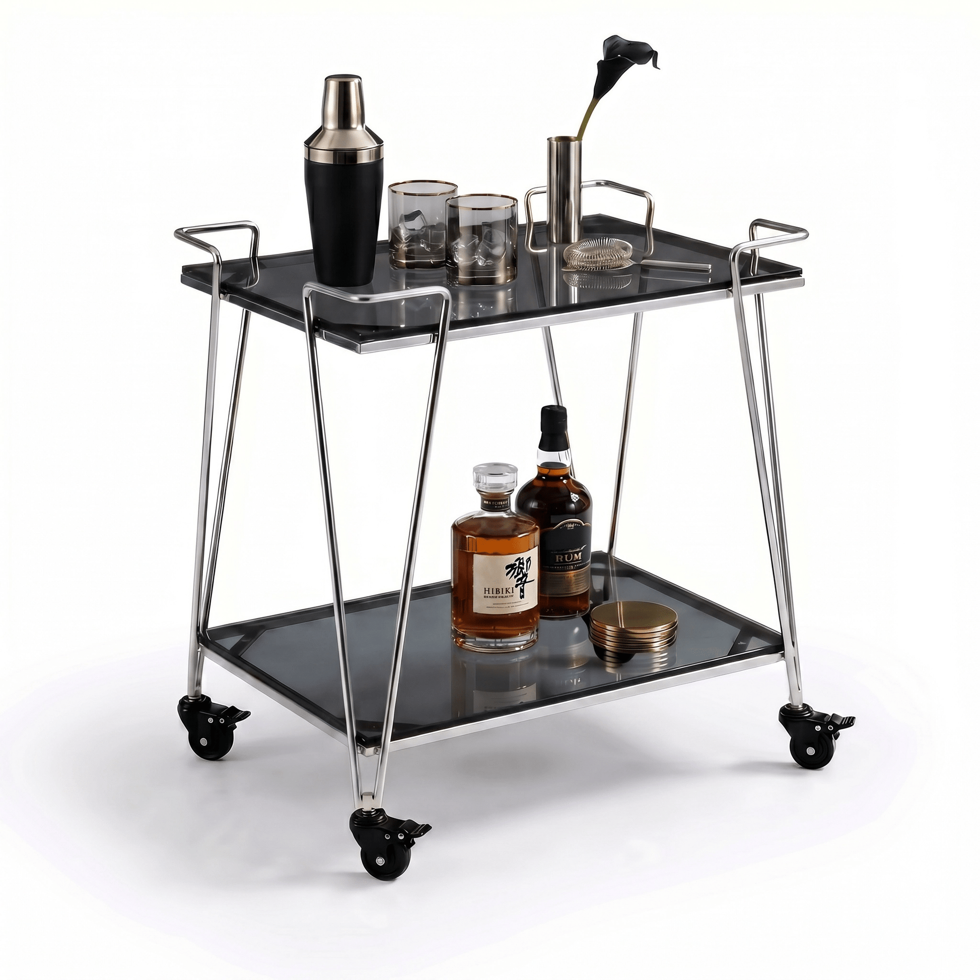 The Neutral Bay Two-Tier Glass Bar Cart by Royal Bar Carts showcasing Silver frame and stylish Black Glass in modern setting