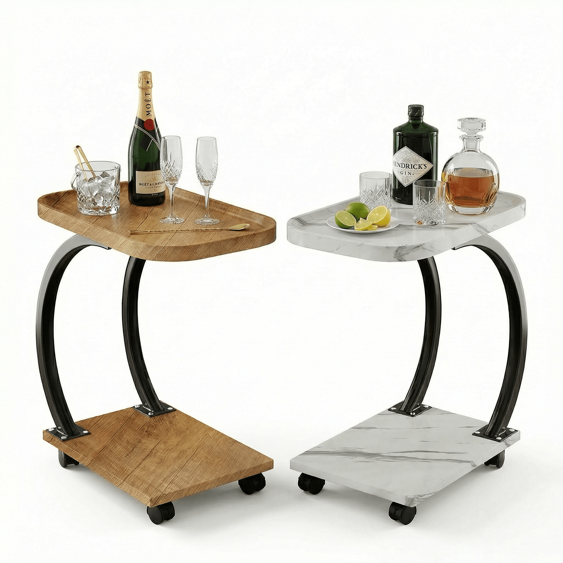 The Noosa Curved Metal Sofa Table by Royal Bar Carts in black metal with natural oak wood top or White top coastal deco style bar cart.