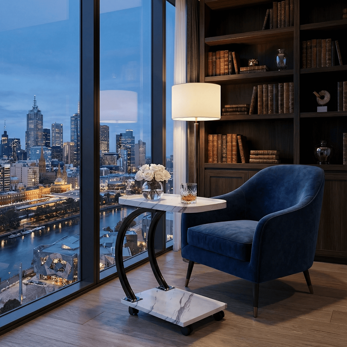 The Noosa arc table side view —white top sofa table Australia