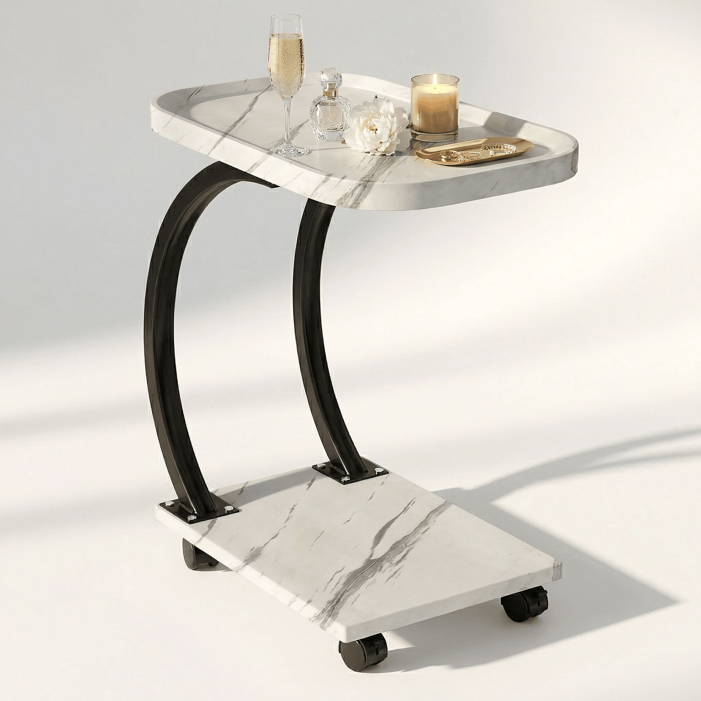 The Noosa sofa table with drinks — curved black metal and white top side table Australia