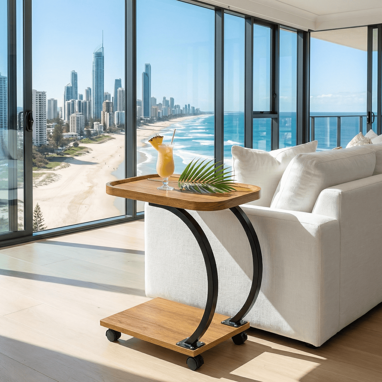 Noosa Curved Metal Sofa Table White Marble top with coastal decor — modern C-shape slide-under side table Australia