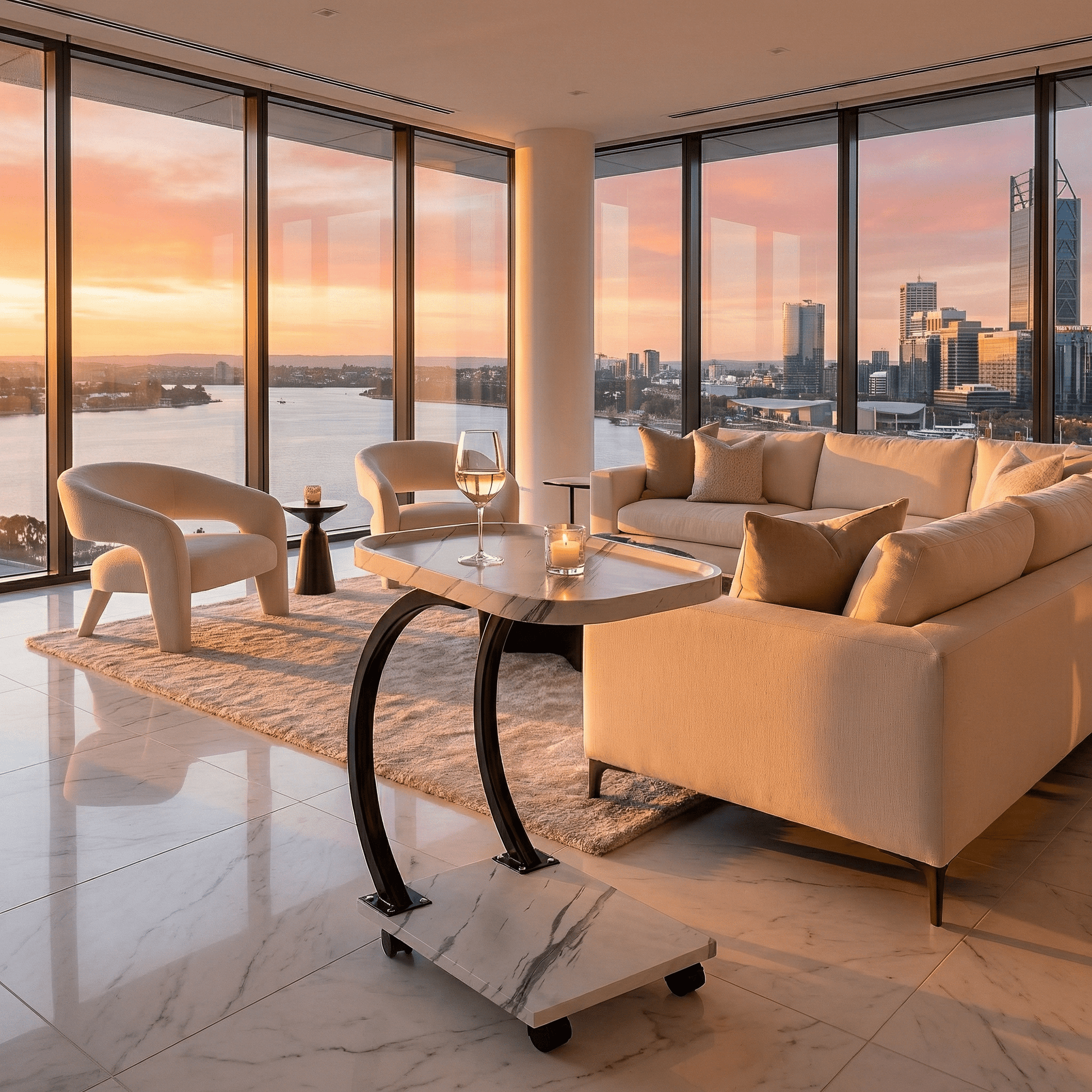 The Noosa arc table side view — white top sofa table Australia