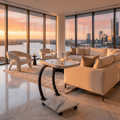 The Noosa arc table side view — white top sofa table Australia