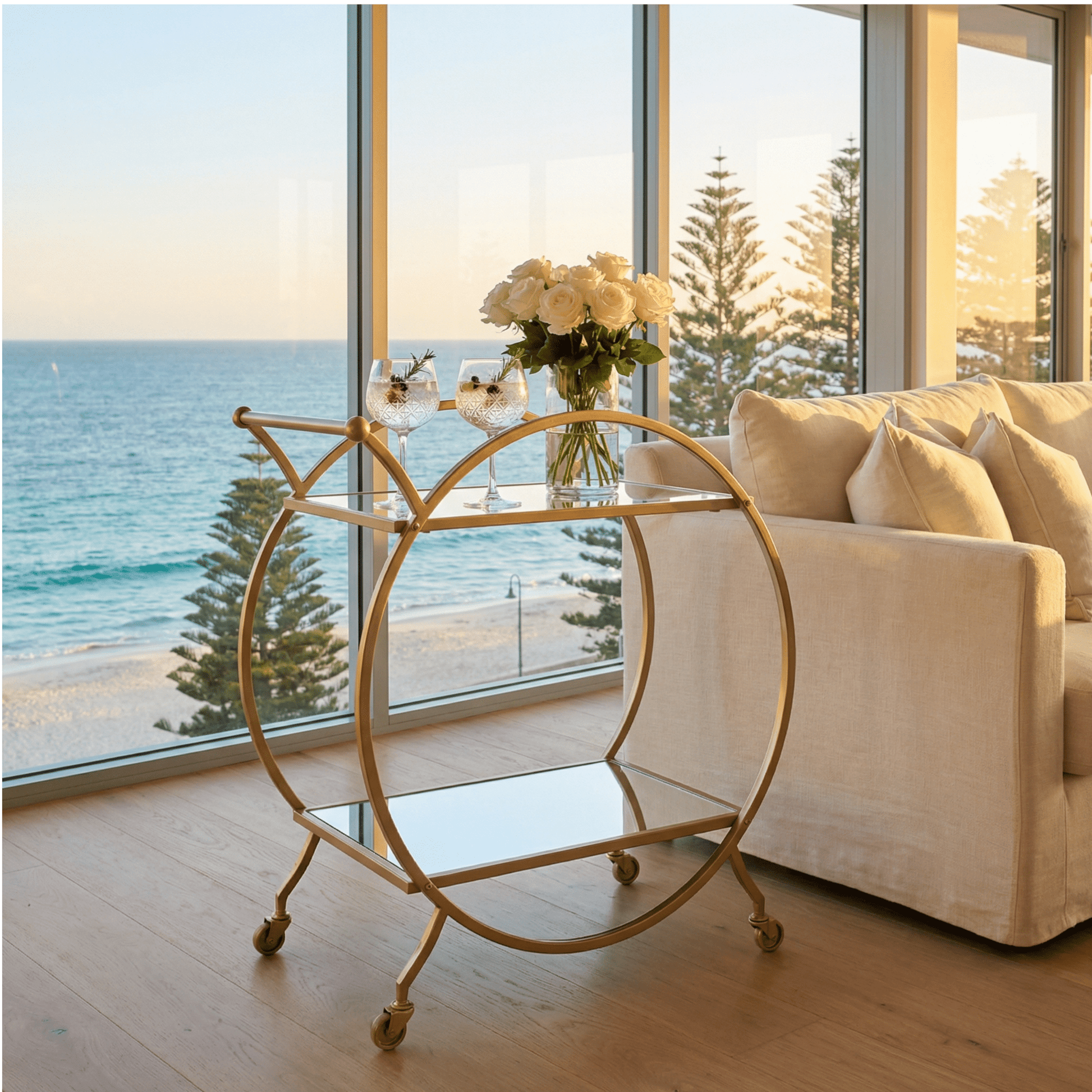 The Orion circular bar cart top view — gold round bar trolley Australia