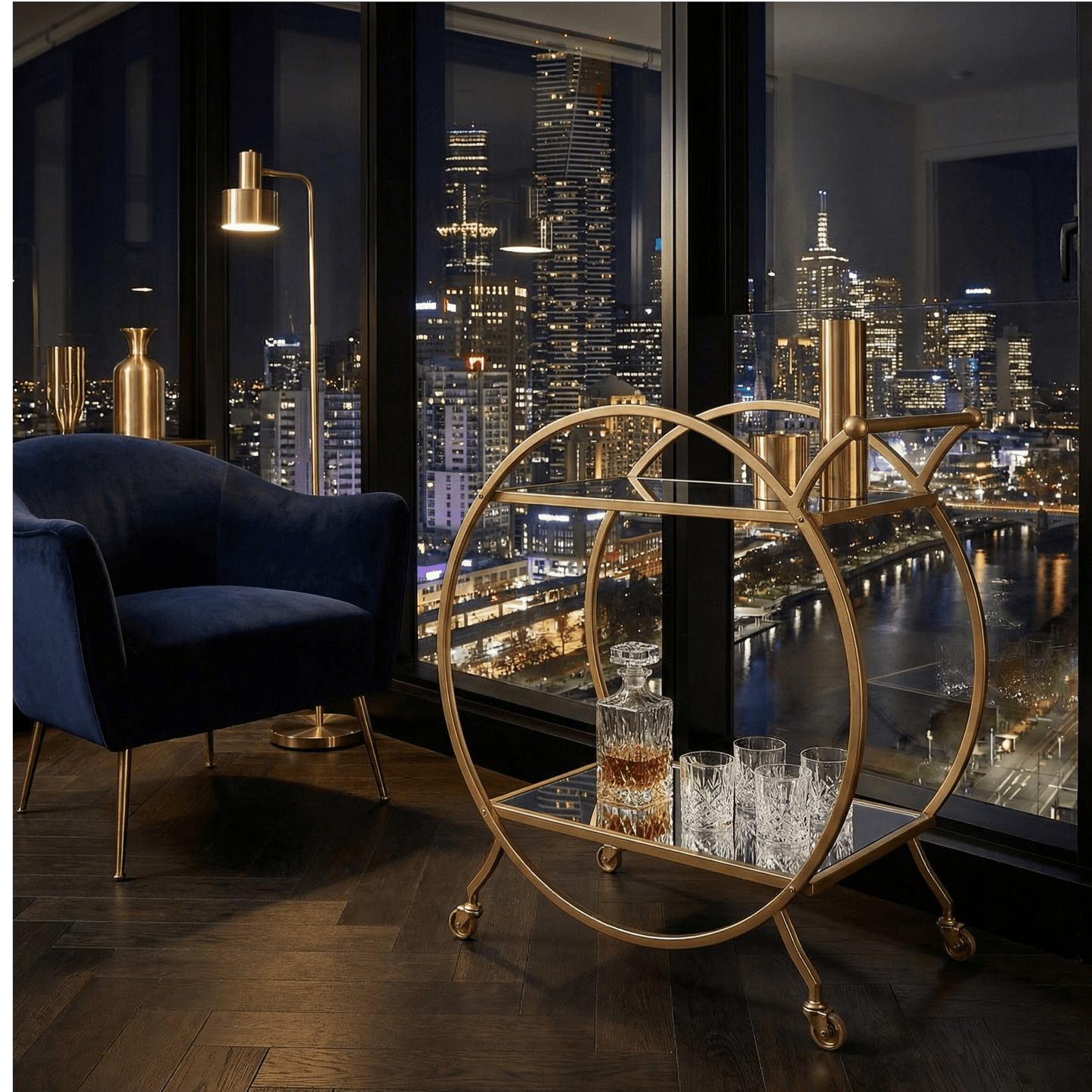 The Orion bar cart styled with cocktails — circle gold drinks cart Australia