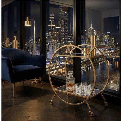 The Orion bar cart styled with cocktails — circle gold drinks cart Australia