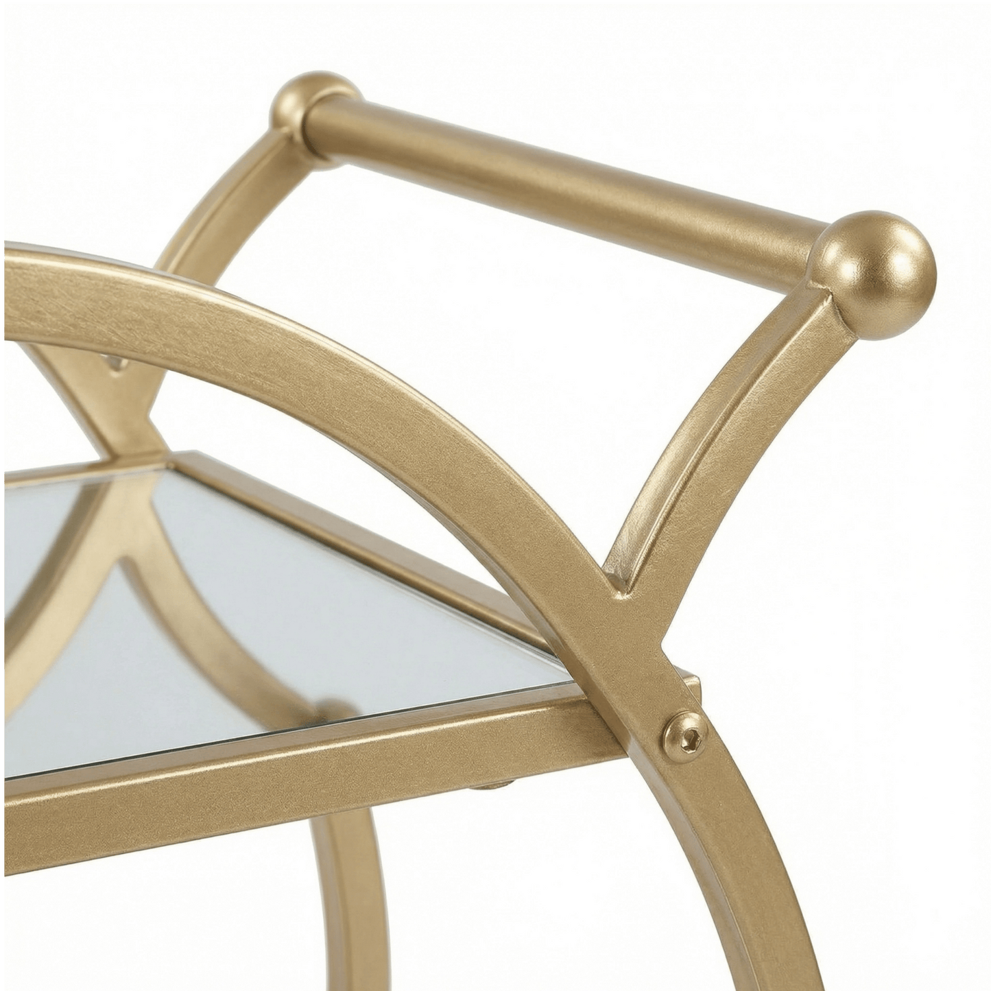 Close-up of the Orion Gold Circle Bar Cart’s sleek glass shelves and gold frame, styled with elegant glassware and cocktails