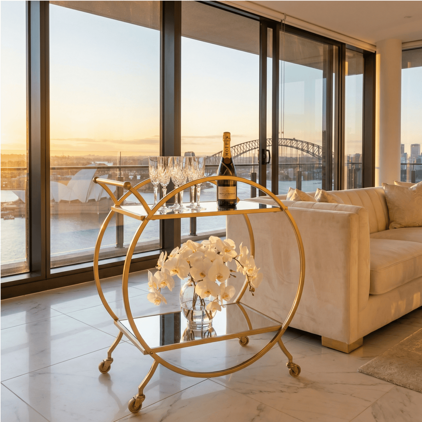 The Orion Gold Circle Bar Cart’s elegant gold frame and glass shelves styled with contemporary barware by Royal Bar Carts.