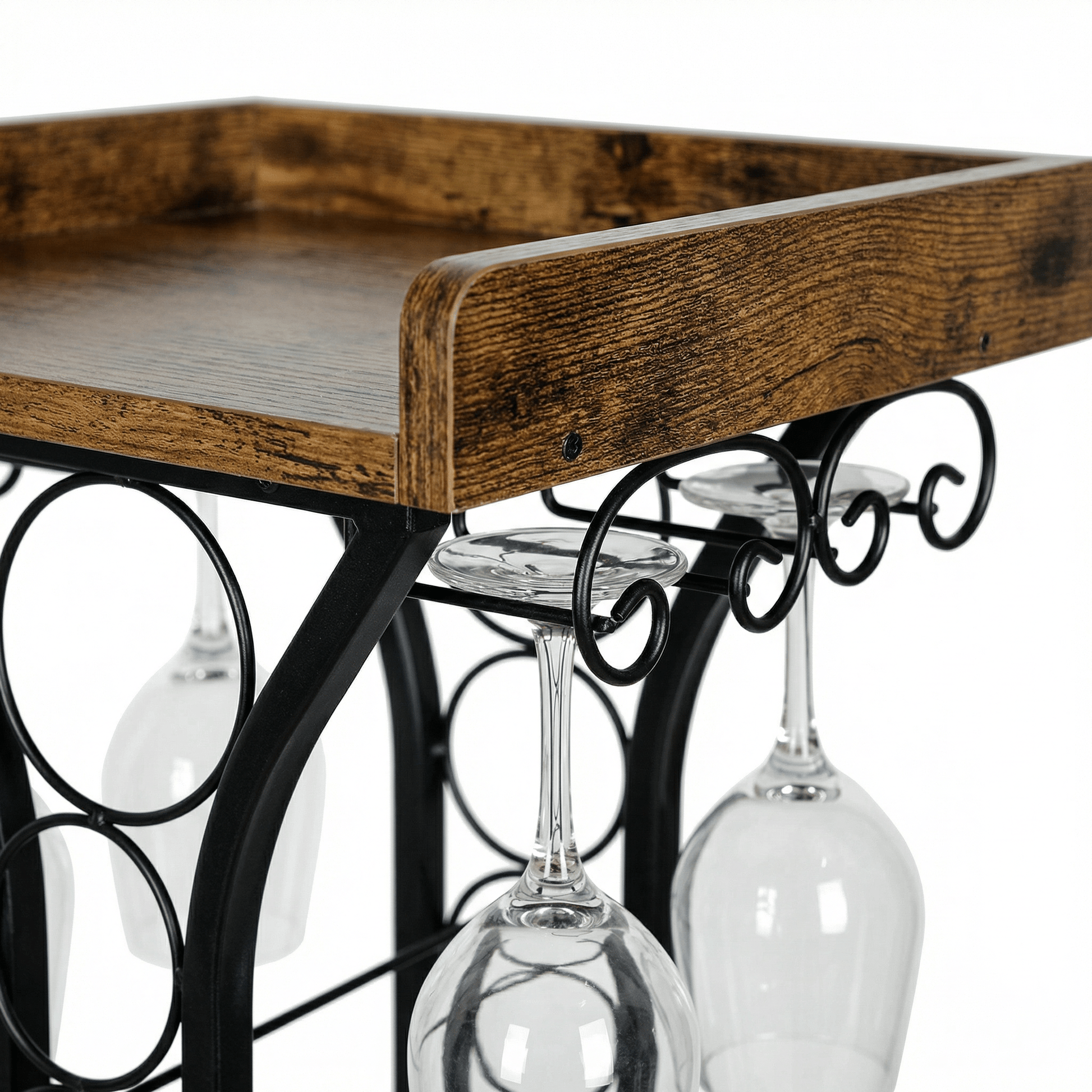 Close-up of Paddington Wine Tower’s sleek black frame and elegant wine bottle holders in a stylish contemporary bar setting