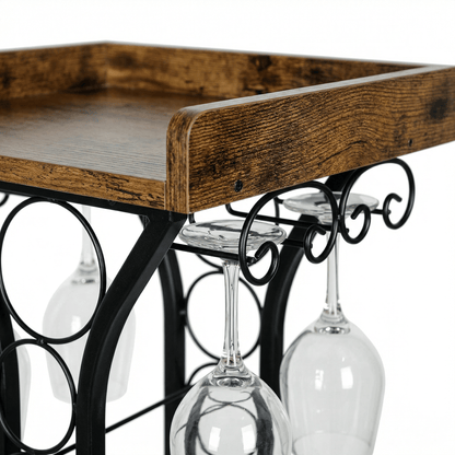 Close-up of Paddington Wine Tower’s sleek black frame and elegant wine bottle holders in a stylish contemporary bar setting