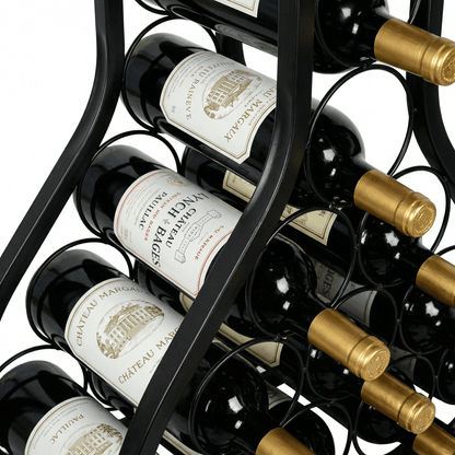 Close-up of Paddington Wine Tower’s sleek black frame and glass shelves showcasing elegant wine storage by Royal Bar Carts.