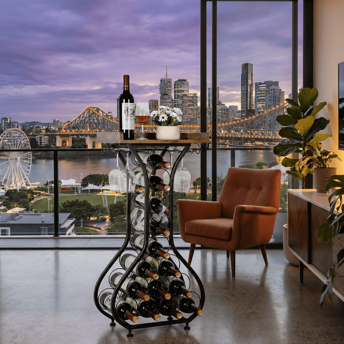 Close-up of Paddington Wine Tower's sleek black frame and glass shelves styled with wine accessories in a contemporary setting