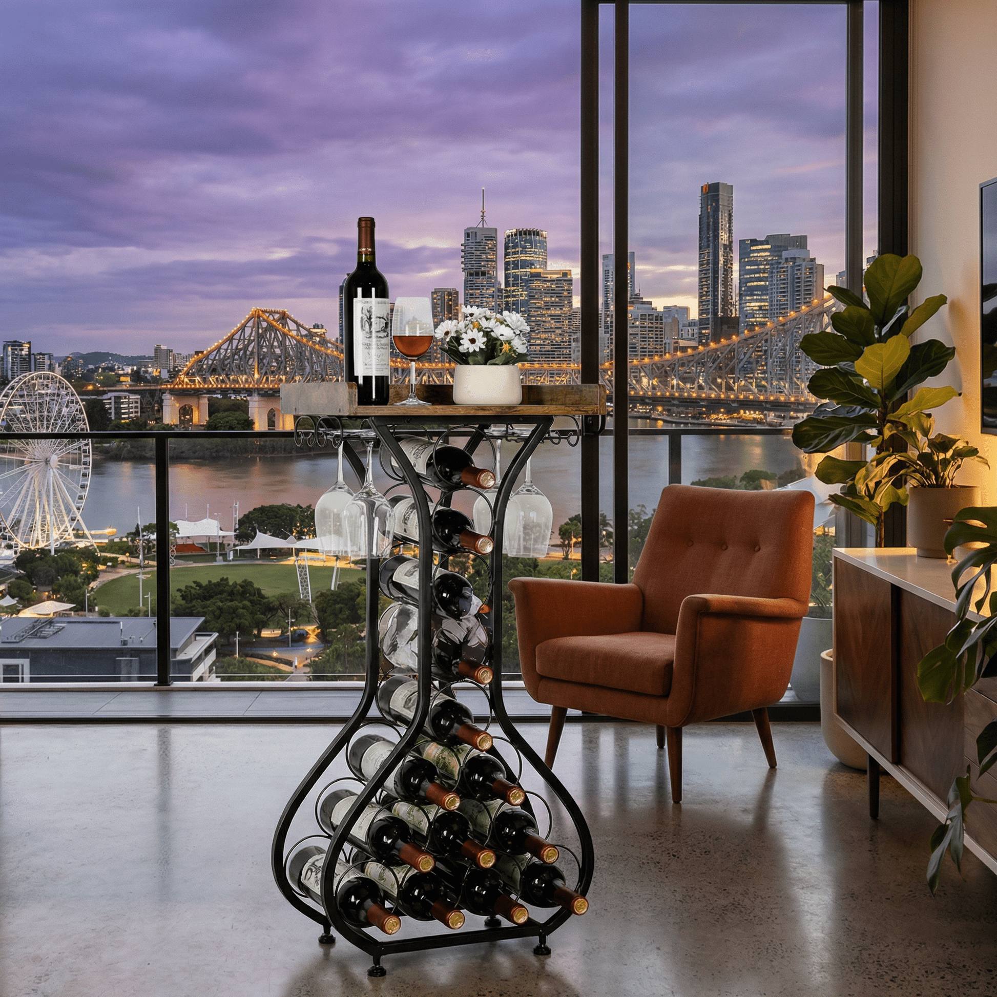 Close-up of Paddington Wine Tower's sleek black frame and glass shelves styled with wine accessories in a contemporary setting