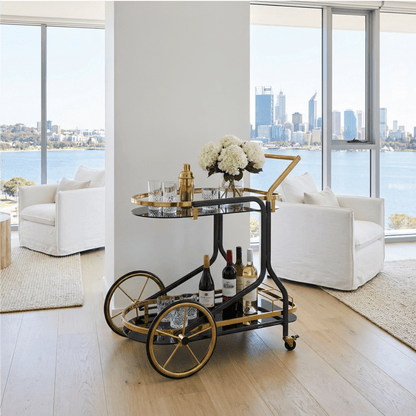 The Savoy beverage cart side view — Art Deco brass bar cart Australia
