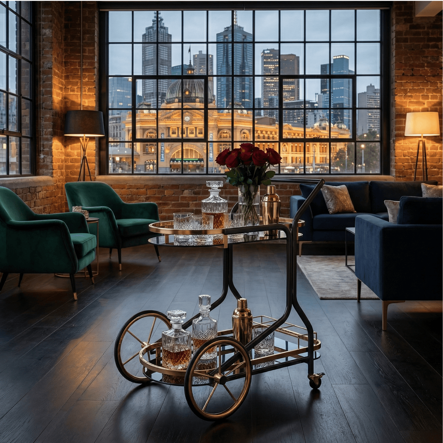 The Savoy Art Deco trolley in moody interior — premium dark bar cart Australia
