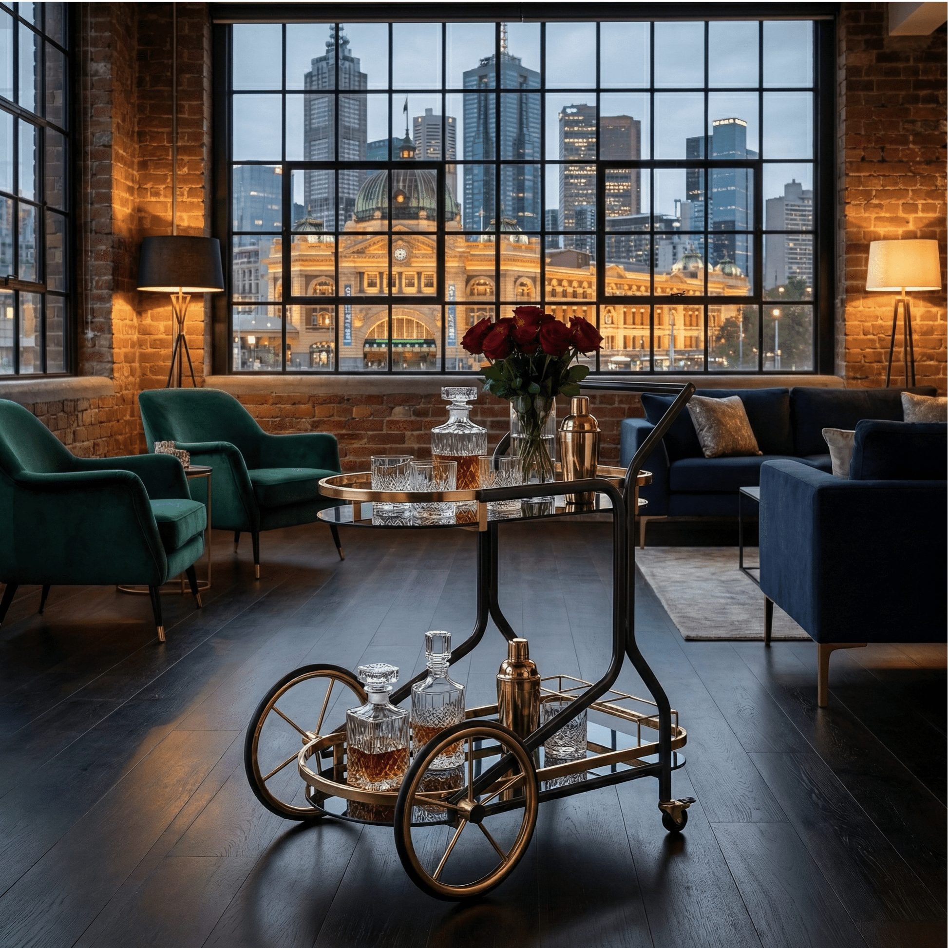 The Savoy Art Deco trolley in moody interior — premium dark bar cart Australia