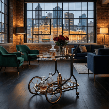 The Savoy Art Deco trolley in moody interior — premium dark bar cart Australia