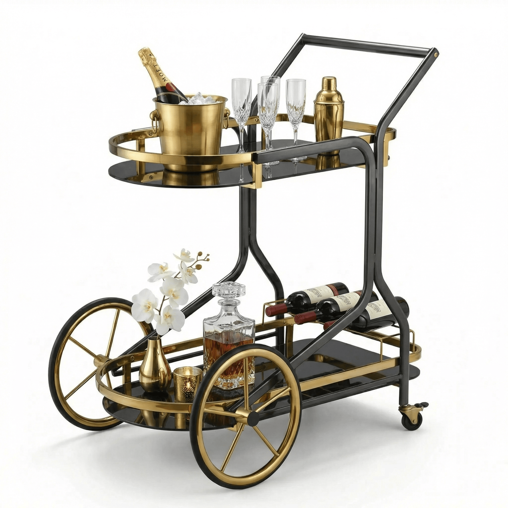 The Savoy Art Deco beverage cart — dark glass and brass bar trolley Australia, 1920s style