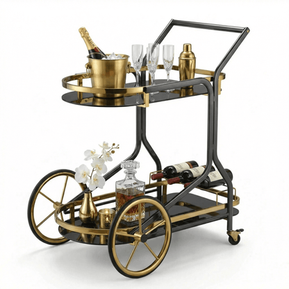 The Savoy Art Deco beverage cart — dark glass and brass bar trolley Australia, 1920s style