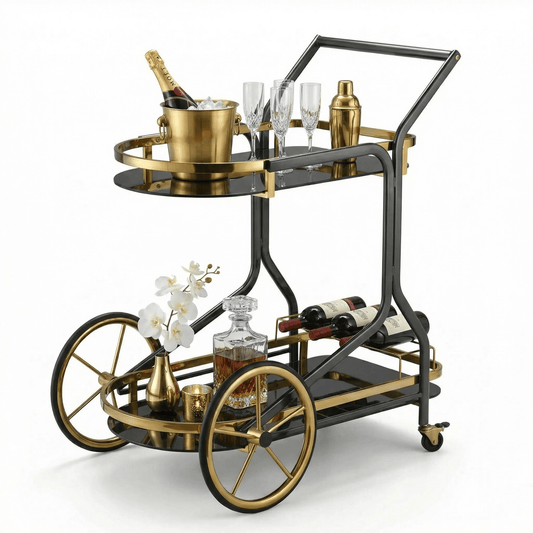 The Savoy Art Deco beverage cart — dark glass and brass bar trolley Australia, 1920s style