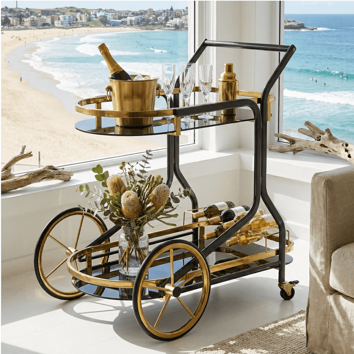 The Savoy Art Deco beverage cart — dark glass and brass bar trolley Australia, 1920s style