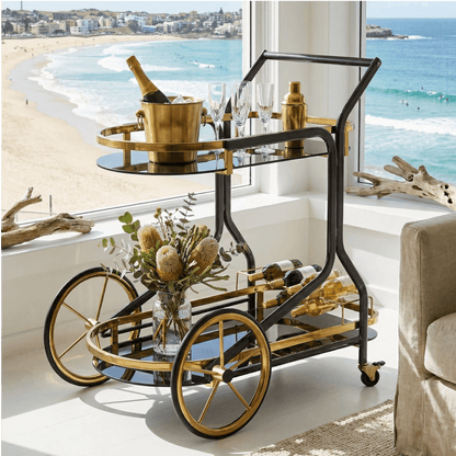 The Savoy Art Deco beverage cart — dark glass and brass bar trolley Australia, 1920s style