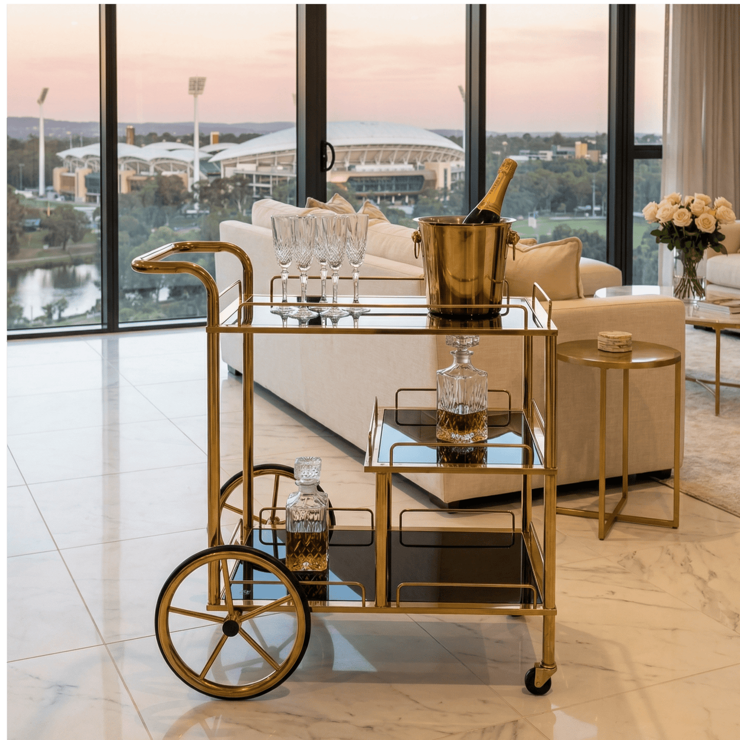 Sovereign bar cart in living room — premium home bar trolley Australia