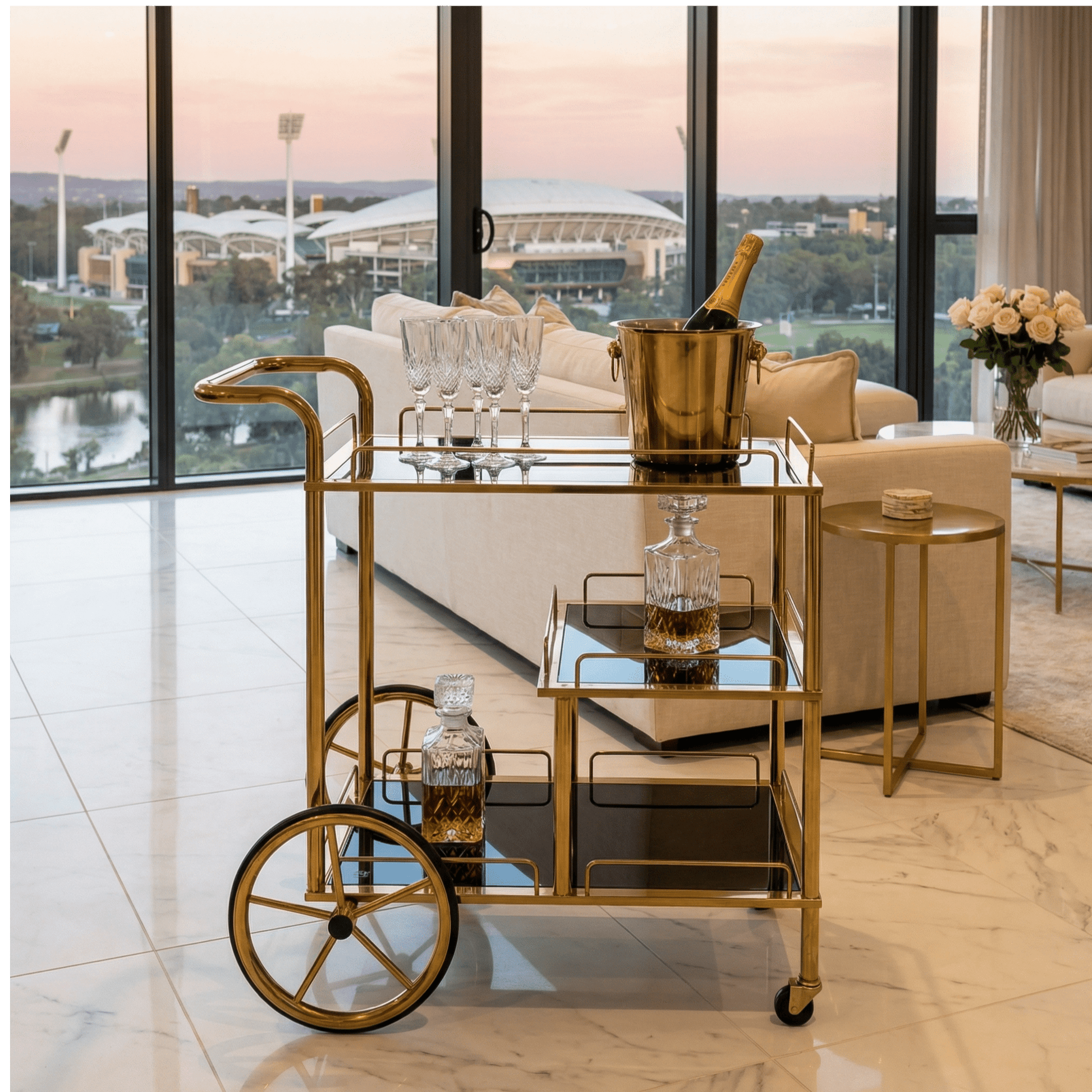 Sovereign bar cart in living room — premium home bar trolley Australia