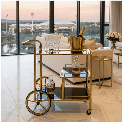 Sovereign bar cart in living room — premium home bar trolley Australia