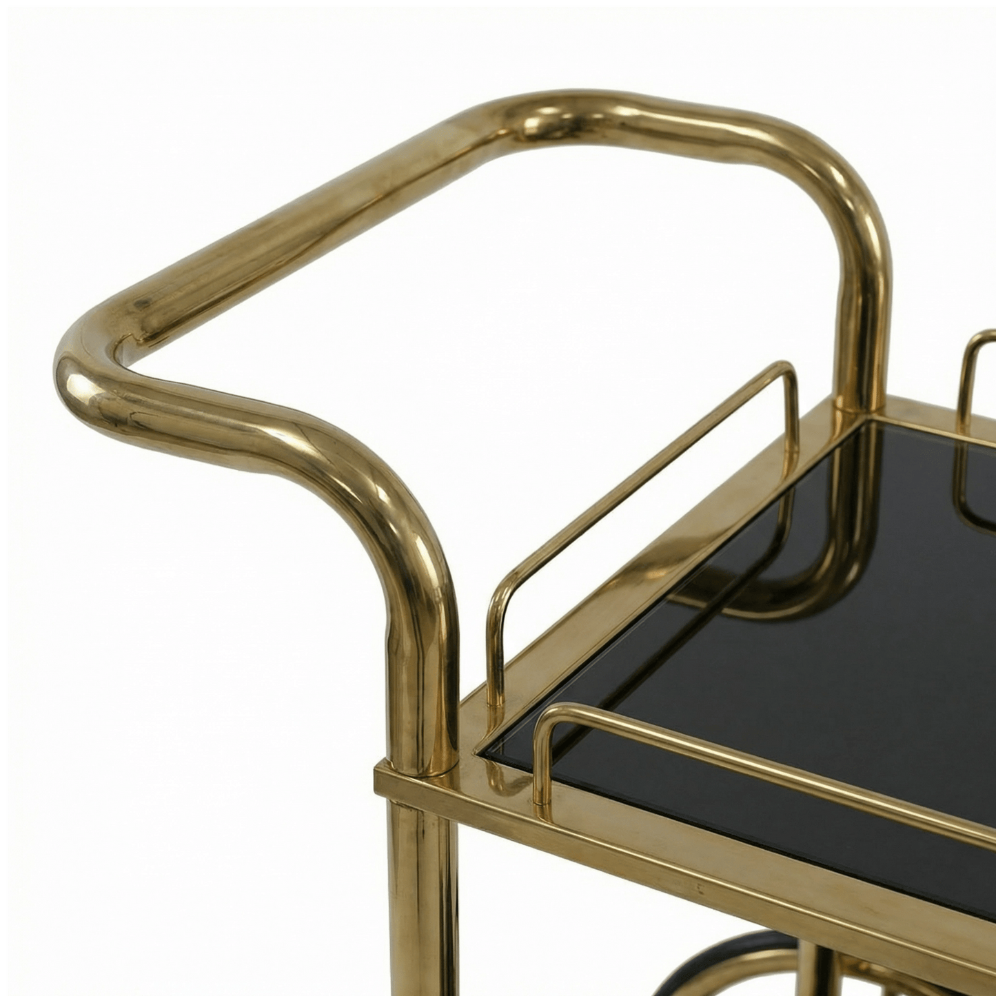 Close-up of Sovereign Bar Cart’s sleek black frame and glass shelves showcasing modern glamour and stylish drinks setup.