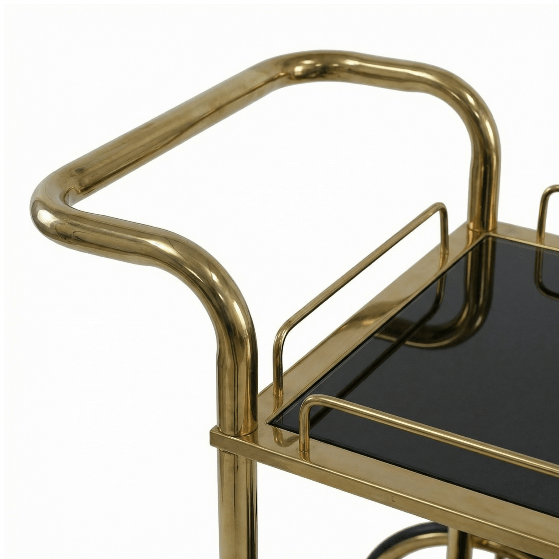 Close-up of Sovereign Bar Cart’s sleek black frame and glass shelves showcasing modern glamour and stylish drinks setup.