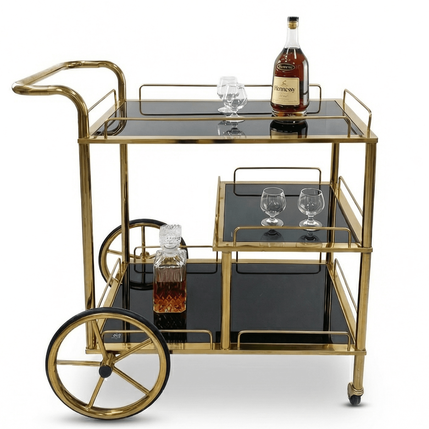 Close-up of Sovereign Bar Cart's sleek black frame and glass shelves, styled for contemporary entertaining with elegant decor.