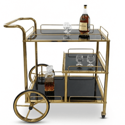 Close-up of Sovereign Bar Cart's sleek black frame and glass shelves, styled for contemporary entertaining with elegant decor.
