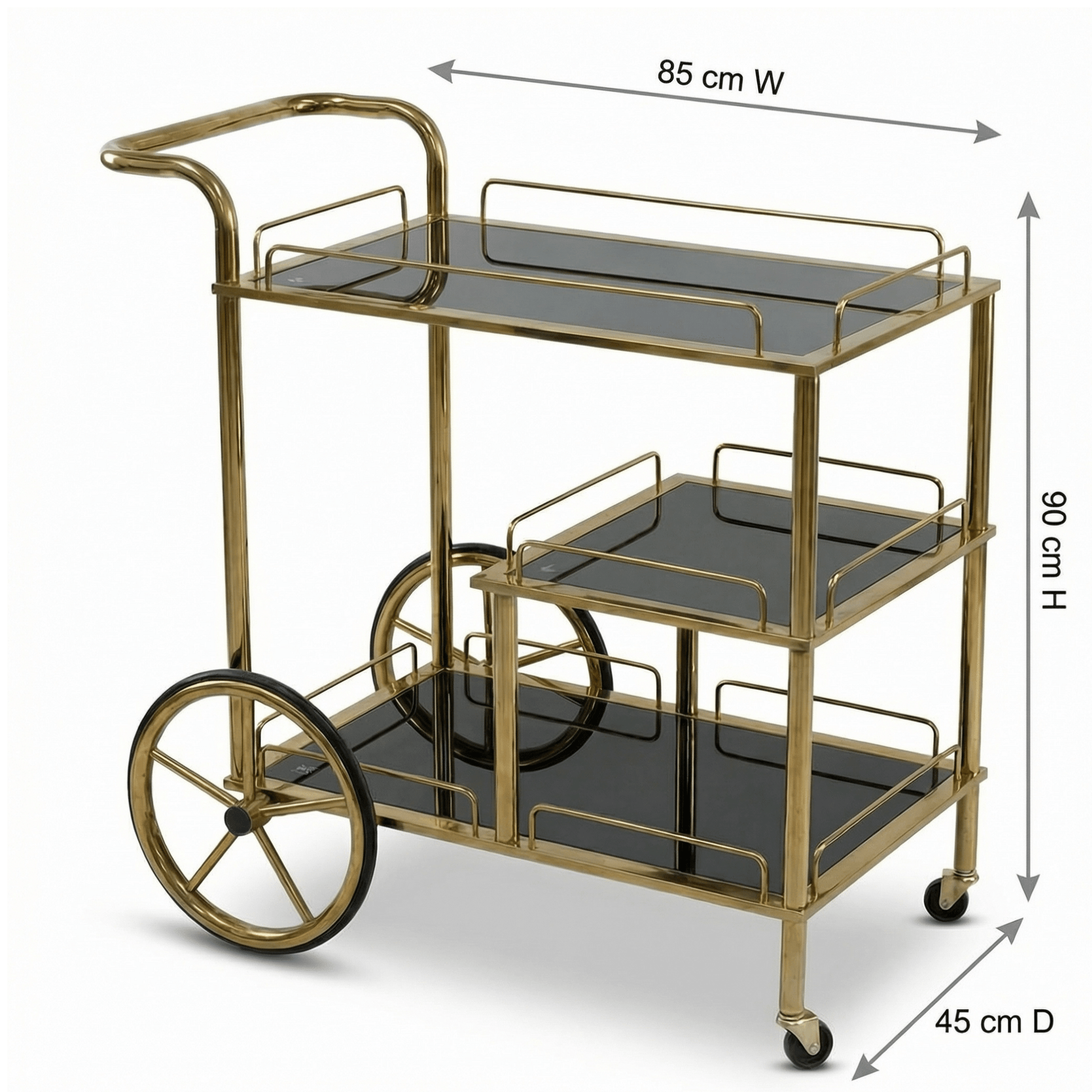 Close-up of Sovereign Bar Cart’s sleek black frame and glass shelves styled with elegant glassware and decor accents