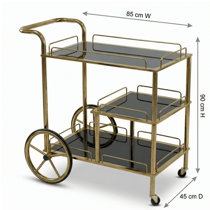 Close-up of Sovereign Bar Cart’s sleek black frame and glass shelves styled with elegant glassware and decor accents