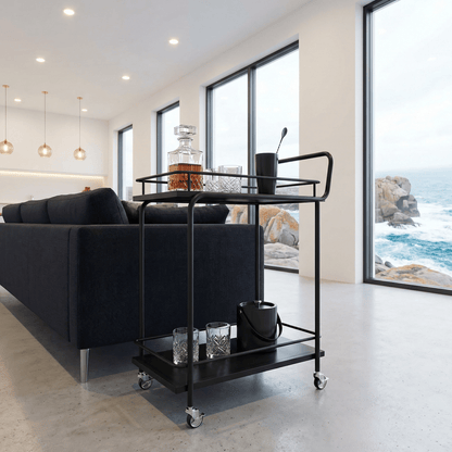 Close-up of the Subiaco Nordic Service Trolley in black showing sleek metal frame and stylish deco-inspired handles by Royal Bar Carts