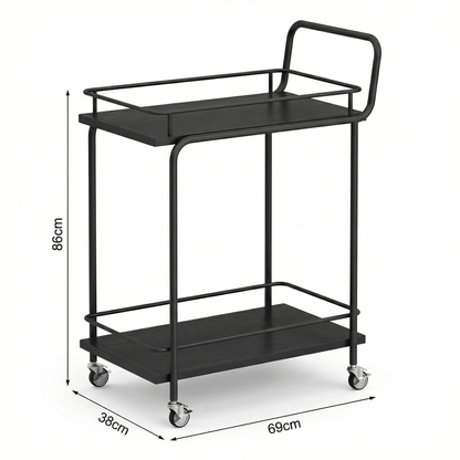Close-up of The Subiaco Nordic Service Trolley’s sleek black frame and deco-inspired detailing by Royal Bar Carts in a stylish home bar.